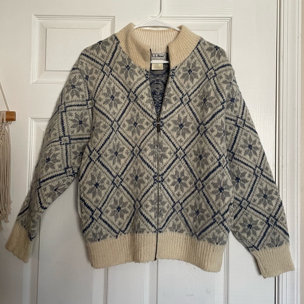 Vintage L.L. Bean Women's L Wool/Alpaca Zip Cardigan Cream & Blue Fair Isle